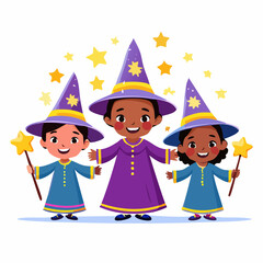 Three happy diverse children dressed as wizards or witches with wands and stars, celebrating magic and imagination.