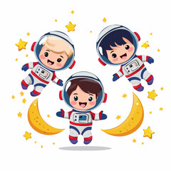 Three adorable cartoon astronauts floating joyfully in space surrounded by stars and crescent moons.