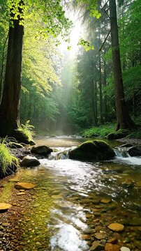 River in the forest with rocks. Morning in the forest