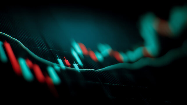 Abstract close-up of a digital financial graph with red and teal candlesticks and fluctuating lines on a dark background, representing market data and stock trends - Powered by Adobe