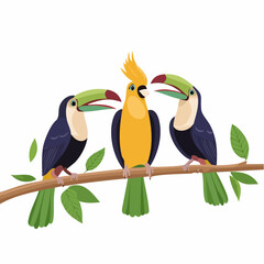 Three colorful tropical birds, two toucans and a yellow cockatoo, perched on a tree branch with green leaves.