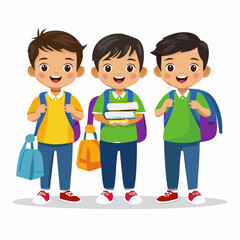 Three young boys with backpacks and books, ready for school, smiling cheerfully.
