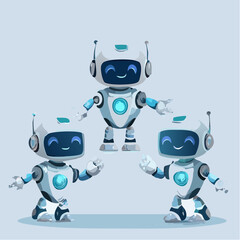 Three adorable cartoon robots with smiling faces and glowing blue details, standing and kneeling on a light blue background.