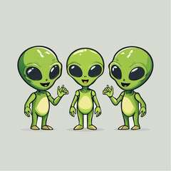 Three cute cartoon green aliens with big eyes standing and waving.