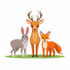 Cartoon illustration of a deer, rabbit, and fox standing together on green grass.