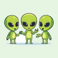 Three cute cartoon green aliens with big eyes interacting and waving in a friendly manner.