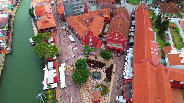 Melaka Dutch Square Malacca colonial style in Malaysia aerial drone maroon-colored structures