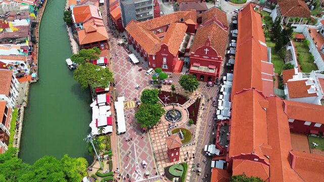 Malacca Dutch Square Melaka colonial style in Malaysia aerial drone maroon-colored structures