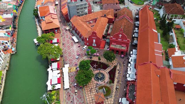 Dutch Square Melaka Malacca colonial style in Malaysia aerial drone maroon-colored structures