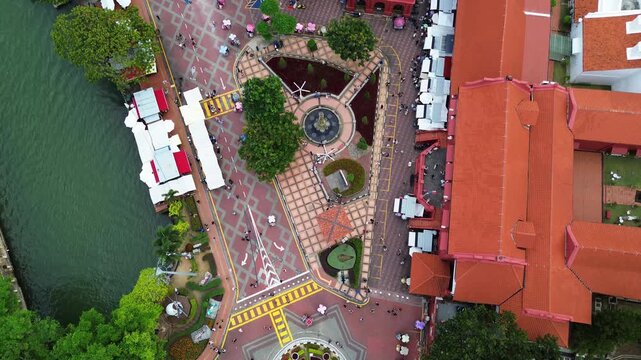Malacca Dutch Square Melaka colonial style in Malaysia aerial drone maroon-colored structures