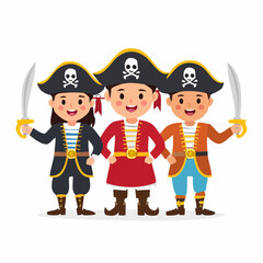 Three happy cartoon children dressed as pirates, holding hands and swords, ready for imaginative play.