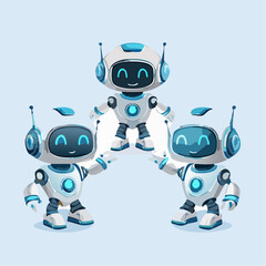 Three cute cartoon robots with blue and white bodies smiling and interacting on a light blue background.