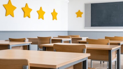 Empty classroom with wooden desks in neat rows, yellow star decorations on the white wall beside a chalkboard