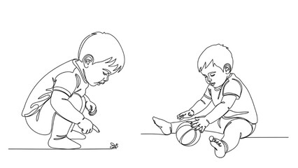High-Quality Black Continuous Line Art of Small Child Crouching to Observe and Toddler Rolling Ball