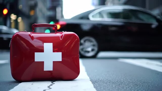 Close-up of a red first aid kit on a city street with blurred vehicles and buildings. Symbolizes safety and emergency medical assistance. Shiny surface.