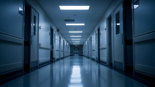 A long, dimly lit hospital corridor with doors on either side and fluorescent lights overhead.