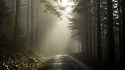 Naklejka premium Misty Forest Road Bathed in Golden Sunlight.