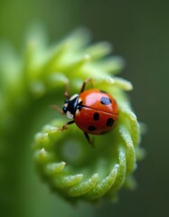 Fototapeta premium Red ladybug with black spots crawls on bright green curled fern frond. Small insect moves on plant. Macro view shows nature details. Vivid colors contrast.