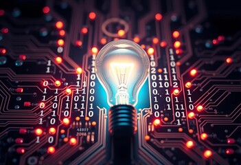 Glowing circuit board with binary code forming a lightbulb,  invention,  electricity