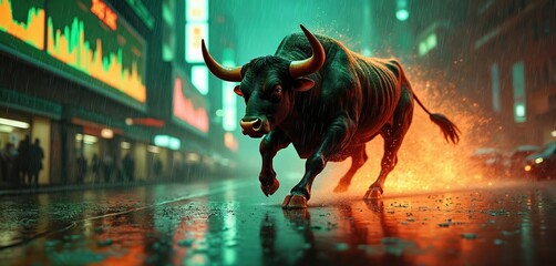 Powerful bull runs through stock market street at night. Digital charts glow green and orange. Rain falls on wet street reflecting city lights. Intense atmosphere signals market momentum.