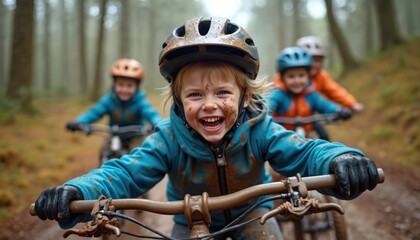Fototapeta premium Kids ride bikes on muddy forest trail. Children wear helmets, have dirty faces. They enjoy off road cycling adventure. Friends ride bikes together.