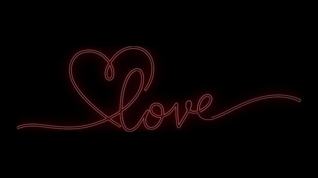 Red neon love text with heart symbol glowing on black background