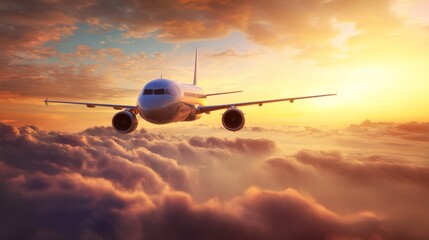 aerospace. A commercial jet ascending through clouds at sunset, with golden lighting creating a dramatic sky backdrop. inspiring travel planning.
