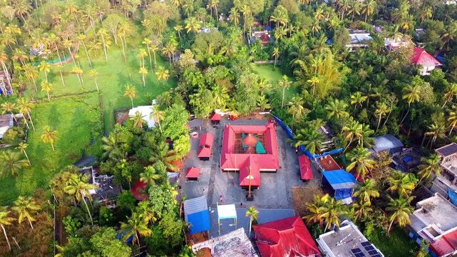 Aerial view of a traditional Kerala Hindu temple complex (Kavu) with red-tiled roofs, surrounded by lush green coconut palms and tropical fields in South India.