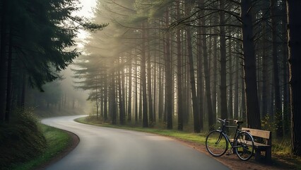 Serene Forest Road with Bicycle and Bench Bathed in Morning Sunlight.