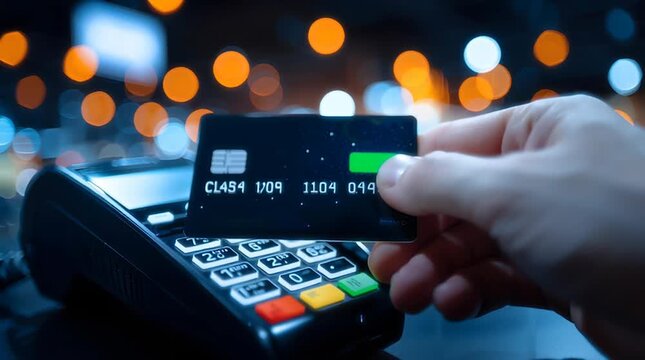 Contactless payment card tap card reader terminal night with bokeh lights. secure card reader pos transaction conveying convenient modern payment