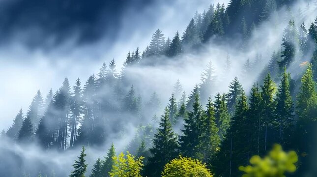 Misty conifer evergreen forest morning fog mountain landscape foggy hillside slope atmospheric mist lush green foliage steep conifer tree misty