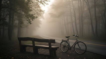 Misty Morning Bicycle and Bench in Forest Path.