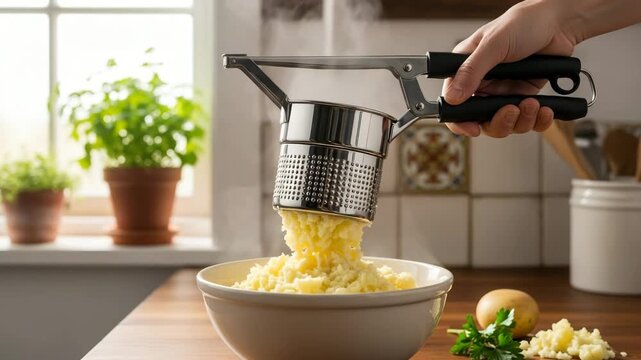 Person grating potato in kitchen with grater and bowl