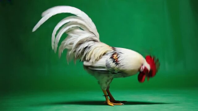 A full body shot of a rooster standing on a green background in a studio setting with good lighting chicken green screen video