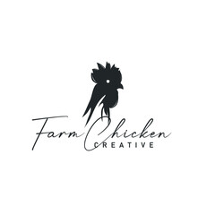 Chicken logo design for chicken farm with simple and minimalist black silhouette of livestock farmer, vector illustration template concept and poster © Arya19