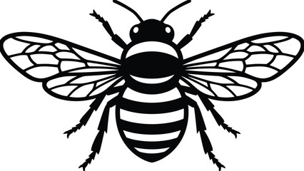 Bee icon illustration, detailed flying insect design, black white line art, honey bee symbol, nature wildlife graphic, isolated background, vector