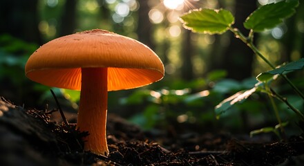 Forest's Glow: Orange Mushroom in Sunlit Woods