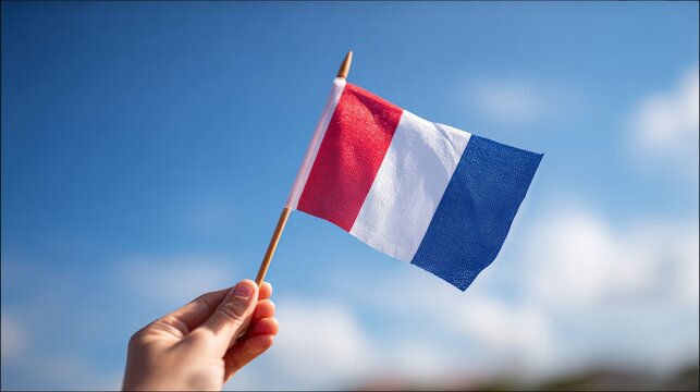 hand holding France flag on blue sky background. holiday of French National Day, Bastille Day and happy celebration concepts 
