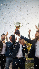 Businessmen celebrating victory with a trophy and confetti outdoors.