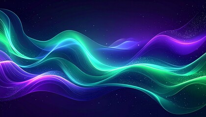 Abstract digital art with flowing waves of teal, green, and purple, creating a cosmic and ethereal glow, perfect for backgrounds