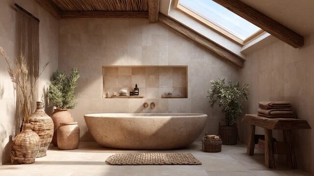 Serene Sanctuary: An inviting bathroom interior is bathed in natural light, showcasing a luxurious freestanding bathtub, rustic wooden accents, and a touch of organic greenery.