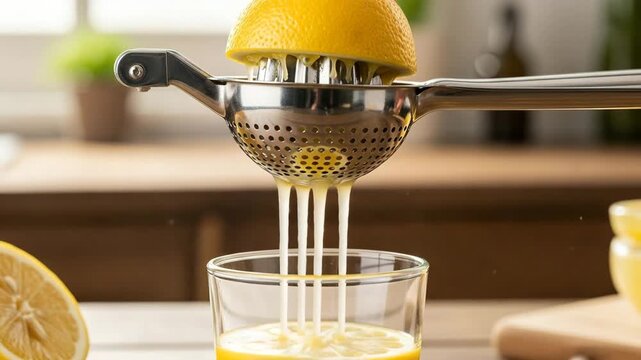 Fresh lemon juice being squeezed into a glass