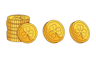Golden coins with clover symbols, representing luck and wealth on a white background