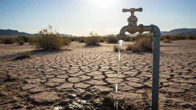 Old backyard faucet leaks water in the dry desert backlands, showing critical waste. lack of water