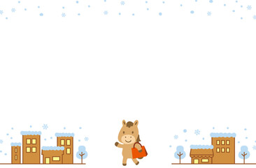 雪景色の街並みと買い物をしてる馬のフレーム（冬・初売り・セール）