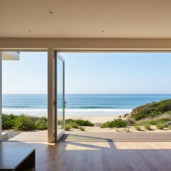 Obraz premium Ocean View Home: Tranquil Beach Scene Through Open Doors