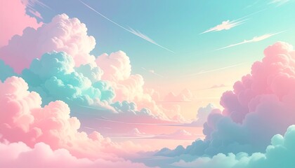 Ethereal Pastel Dreamscape Sky with Fluffy Cotton Candy Clouds in Soft Pink, Aqua, and Peach Hues, Creating a Serene and Whimsical Horizon Gradient for a Tranquil Background