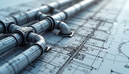 Metal pipes laid over architectural drawing plans for building construction. Detailed blueprints show design for plumbing systems in new construction project.