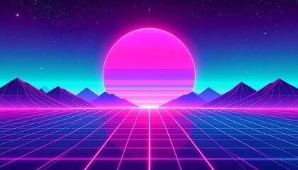 Retro-futuristic abstract background with neon grid and glowing sun, evoking a vaporwave aesthetic