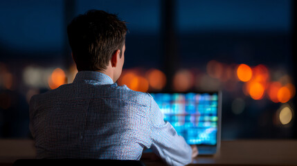 Man working late at night on a laptop, viewed from behind with city lights blurred in the background
